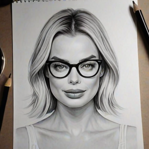 Alluring Margot Robbie, pencil sketch, portrait of Ravishing woman 1967s in glasses, hair style beatnik, outline, clear lines, fine lines, 8k