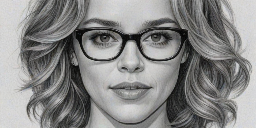 Pleasing Rachel McAdams, pencil sketch, portrait of Stunning woman 1966s in glasses, hair style beatnik, outline, clear lines, fine lines, 8k
