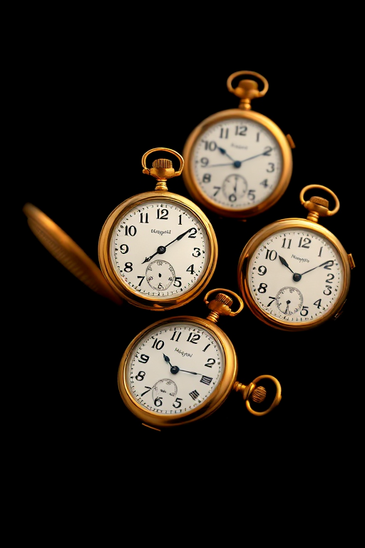 Create a high-resolution image of four vintage pocket watches in motion with a black background, using a DSLR camera with a 50mm lens, f/1.8 aperture, ISO 100, and a shutter speed of 1/60 seconds, capturing the elegance and detail of the watches while emphasizing their golden tones and intricate designs.