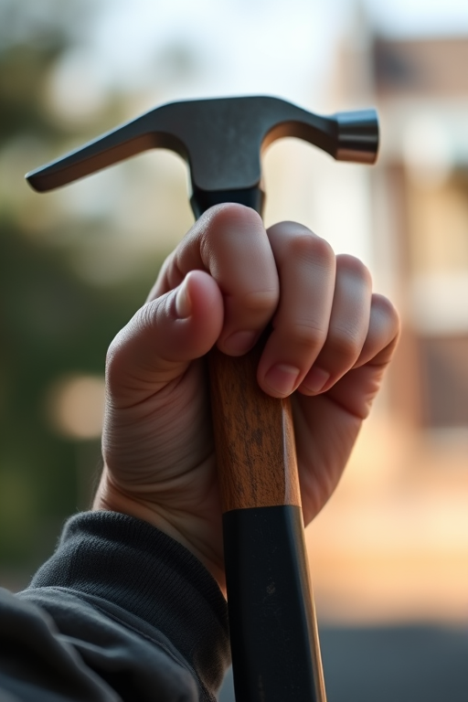 A close-up shot of a hand holding a hammer, captured with a DSLR camera at f/2.8, ISO 100, shutter speed 1/200s, in natural light, with a shallow depth of field to blur the background.