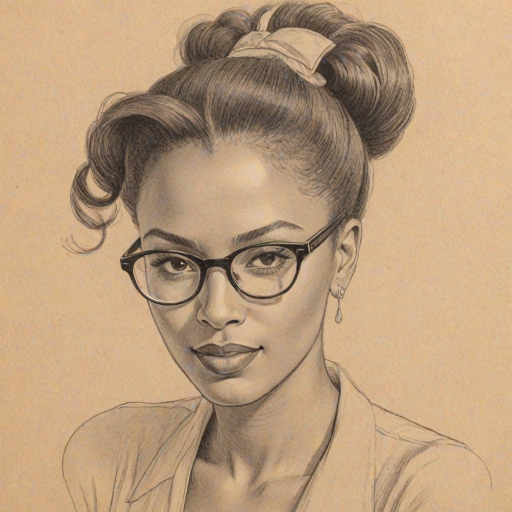 Graceful Zuri Hall, pencil sketch, portrait of Delightful woman 1943s in glasses, hair style beatnik, outline, clear lines, fine lines, 8k