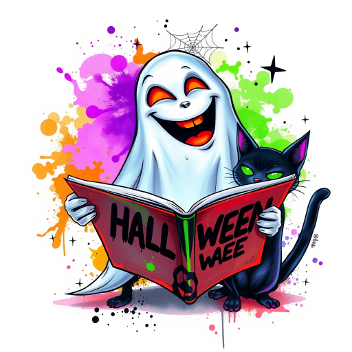 Image of a ghost and a black cat laughing exaggeratedly , and reading a comic halloween comic book, alcohol ink airbrush style, funny halloween theme, white background with neon purple, neon orange, neon green splash, black sparkles stars , dazzling BG