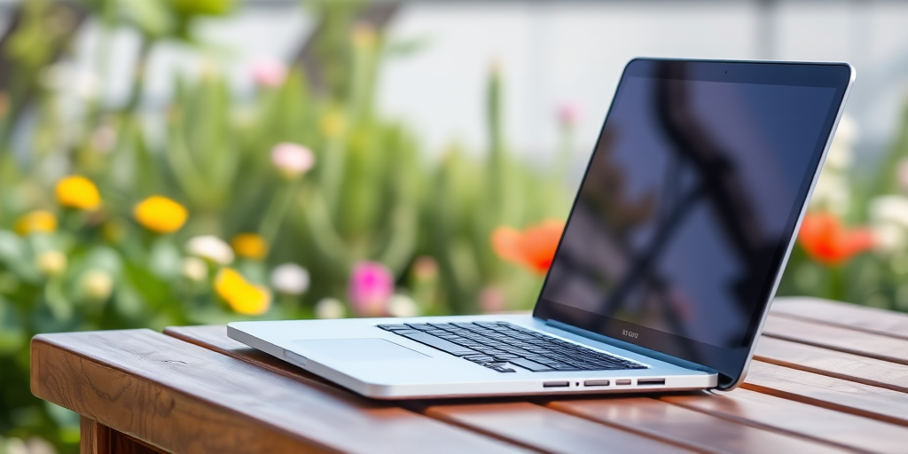 Create a high-resolution image of an open laptop on a wooden table outdoors, with a blurred background of greenery and flowers, using a DSLR camera at f/2.8 aperture, 50mm lens, 1/200 sec shutter speed, and ISO 100 for crisp details and vibrant colors.