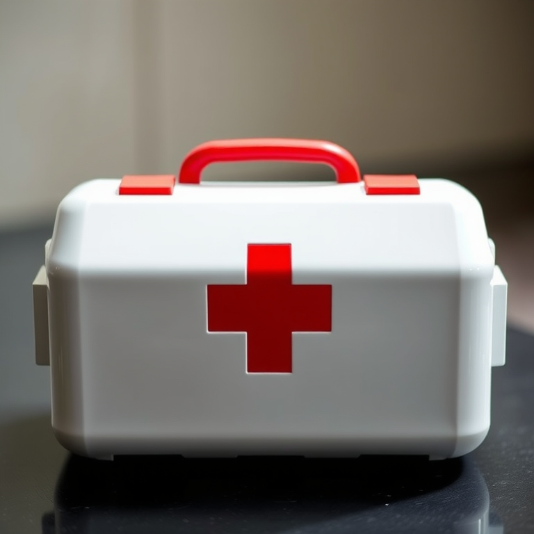Create an image of a modern first aid kit with a red cross symbol on top, using a Canon EOS 5D Mark IV camera, 50mm lens, f/8 aperture, ISO 100, natural light, and a shallow depth of field to enhance details and colors.