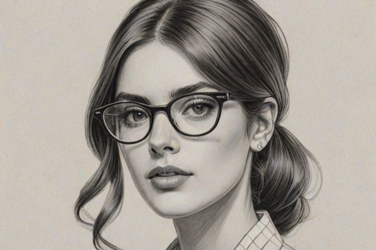 Stunning Amelia Gray Hamlin, pencil sketch, portrait of Enchanting woman 1966s in glasses, hair style beatnik, outline, clear lines, fine lines, 8k