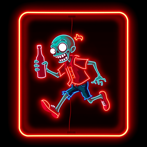 Create an image of a neon sign featuring a cartoon-style zombie in a dynamic pose, holding a bottle. The neon sign should glow in red against a dark background, making the character stand out prominently. The character should appear to be running, capturing attention with its vibrant color and action pose, perfect for advertising or decorative purposes.