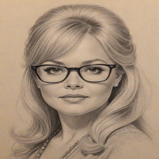Appealing Charlene Tilton, pencil sketch, portrait of Enchanting woman 1962s in glasses, hair style beatnik, outline, clear lines, fine lines, 8k