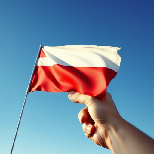 Generate an illustration of a hand holding a Polish flag with a clear blue sky background, using a DSLR camera at f/4 aperture, 50mm lens, and 1/200s shutter speed for enhanced detail and color vibrancy.