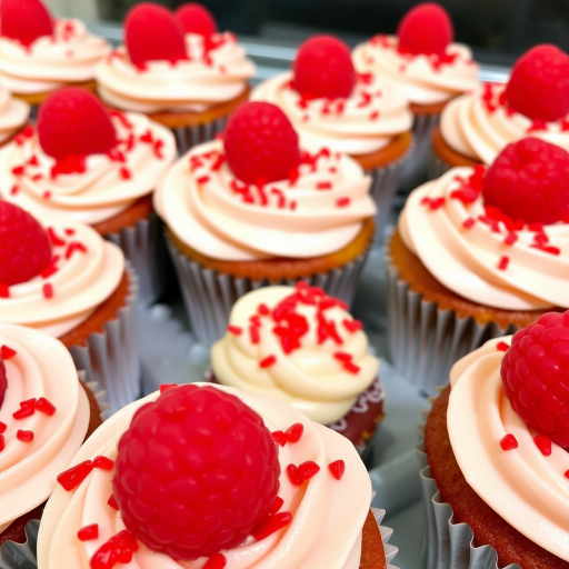 Deliciously decorated raspberry cupcakes with creamy frosting topped with fresh raspberries and a sprinkle of red candy pieces in a bright and inviting setting.