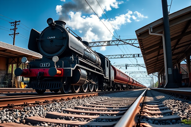 Capture a high-resolution image of a vintage steam locomotive on a railway track, using a Canon EOS 5D Mark IV, aperture f/8, shutter speed 1/500 sec, ISO 100, from a low-angle perspective, in bright daylight with a focus on detail and color saturation.