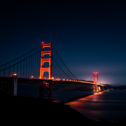 capture the Golden Gate Bridge at night with a long exposure to emphasize light trails, use a DSLR camera with a 24mm f/2.8 lens, aperture set to f/11, ISO 100, shutter speed of 30 seconds, from a low angle view to highlight the bridge against a dark sky, using a tripod for stability and adding a red filter for dramatic effect