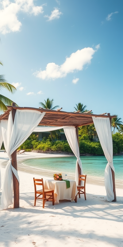 Create a picturesque tropical beach scene featuring a serene, white sandy shore. In the foreground, there's a rustic wooden canopy with white drapes gently flowing in the breeze. Underneath the canopy, a table is set with tropical decor, evoking a sense of relaxation and leisure. The beach extends into a calm, shallow water area with reflections of the sky and surroundings. Palm trees and lush greenery line the edge of the beach, providing a natural, tropical backdrop. The sky is clear with a few scattered clouds, and the overall atmosphere is tranquil and inviting, perfect for a peaceful retreat.