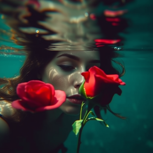 A woman underwater, gazing at a rose Her face is reflected in the water's surface The scene is illuminated by sunlight filtering through the water The atmosphere is serene and contemplative