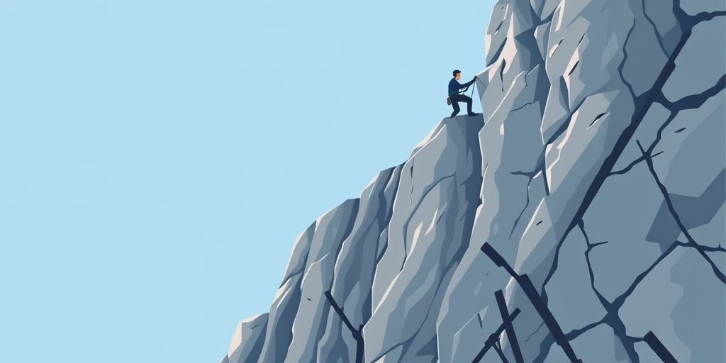 Create a vector illustration of a climber scaling a steep, gray rock formation against a pastel blue background, using a DSLR camera with a 35mm lens, f/8 aperture, ISO 100, and a wide-angle view to enhance image clarity and detail.