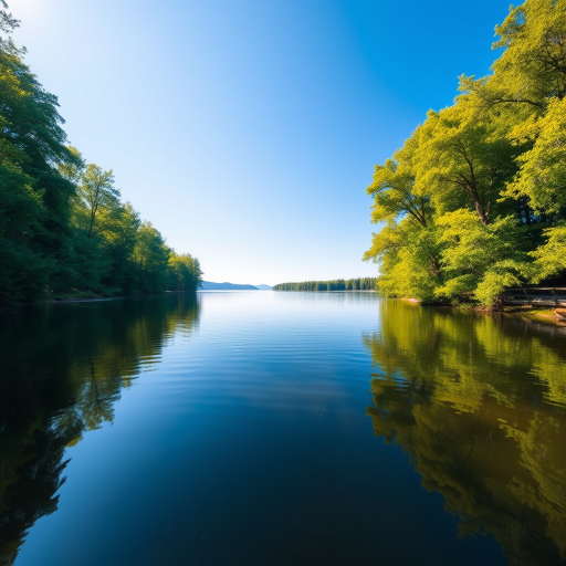 Create a high-resolution image of a serene natural landscape featuring a calm lake surrounded by lush green trees under a clear blue sky, using a DSLR camera with a 50mm lens, aperture set to f/5.6, ISO 100, shutter speed 1/125 seconds, with a wide-angle view for depth and vibrant colors.