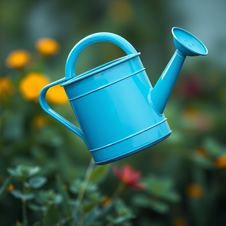 Create a high-resolution illustration of a blue watering can with a detailed spout, using a DSLR camera with a 50mm lens, aperture set to f/2.8 for blurred background effects, shot from a slightly elevated angle to capture depth, and soft lighting to enhance colors.