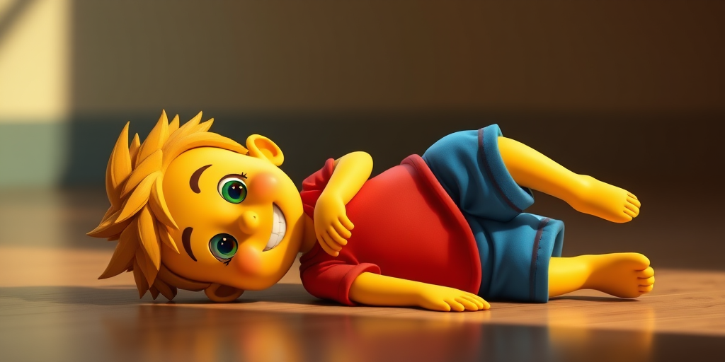 Create an image of a cartoon character resembling a yellow boy with spiky hair, lying on his side in a playful pose, wearing a red shirt and blue shorts, using a DSLR camera at f/8 aperture, ISO 200, with a focal length of 50mm, in high resolution, with a vibrant color palette and smooth shadows for enhanced quality.