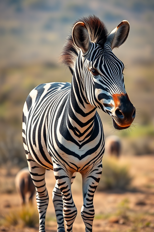 Create a high-resolution illustration of a zebra standing gracefully, shot with a Canon EOS R5 at 50mm f/1.8, in natural light from a low angle to enhance the texture of the stripes, using a digital painting style.