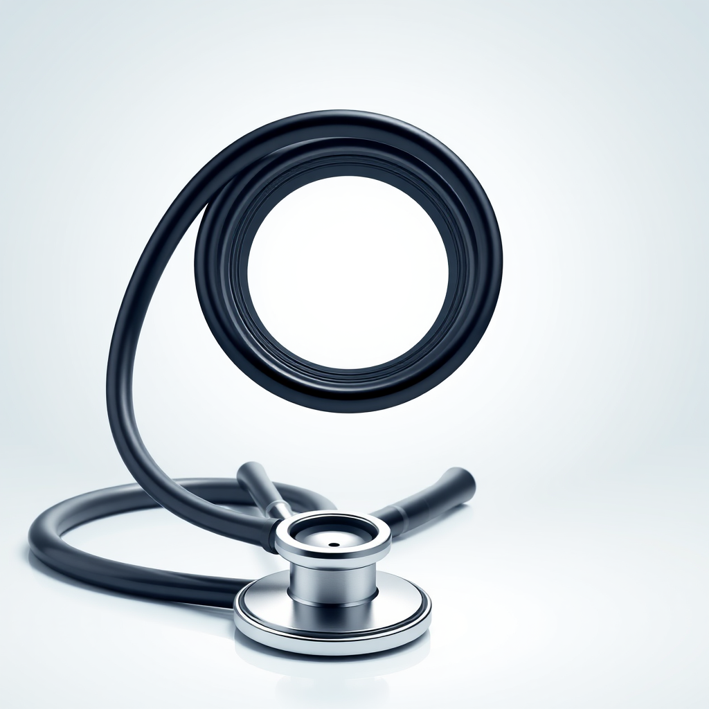 Create a high-resolution illustration of a stethoscope with a modern design, using a DSLR camera with a 50mm lens, aperture set to f/2.8, ISO 100, in a bright studio setting with soft lighting.