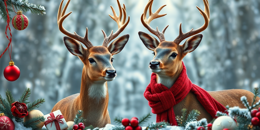 Create a highly detailed illustration of two deer with antlers, one wearing a red scarf, surrounded by Christmas decorations like ornaments and pine branches, with a soft focus background of snowy trees, using a DSLR camera, 50mm lens, f/2.8 aperture, ISO 100, natural light.