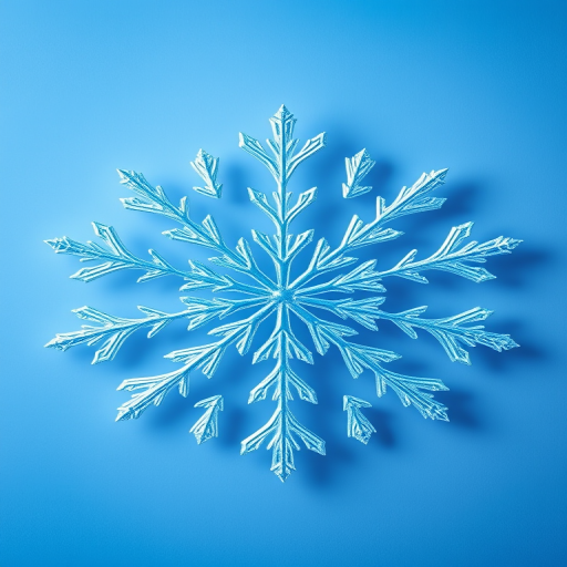 Generate an image of a snowflake design with a blue background and a red border, using a DSLR camera with a wide aperture (f/2.8), ISO 100, 50mm lens, taken from a frontal view, high dynamic range.