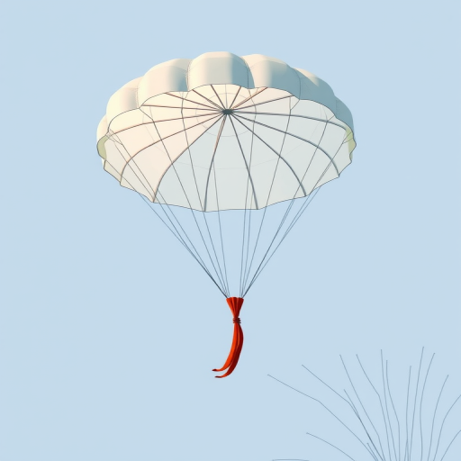 Create a high-resolution illustration of a simple parachute with a round canopy and four suspension lines, using a DSLR camera with a 50mm lens, aperture f/4, ISO 100, shot from a slightly low angle to emphasize height.