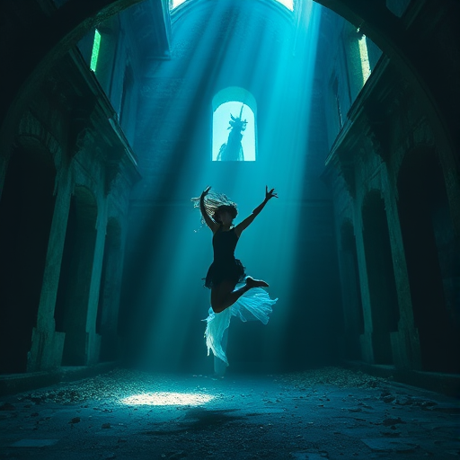 Create an ethereal scene of a woman leaping in a ruined building, filled with vibrant blue and green light, a fantastical dragon emerging from the shadows, using a Canon EOS R5, 24mm lens, f/1.8 aperture, ISO 100, and 1/125 sec shutter speed for enhanced clarity and detail.