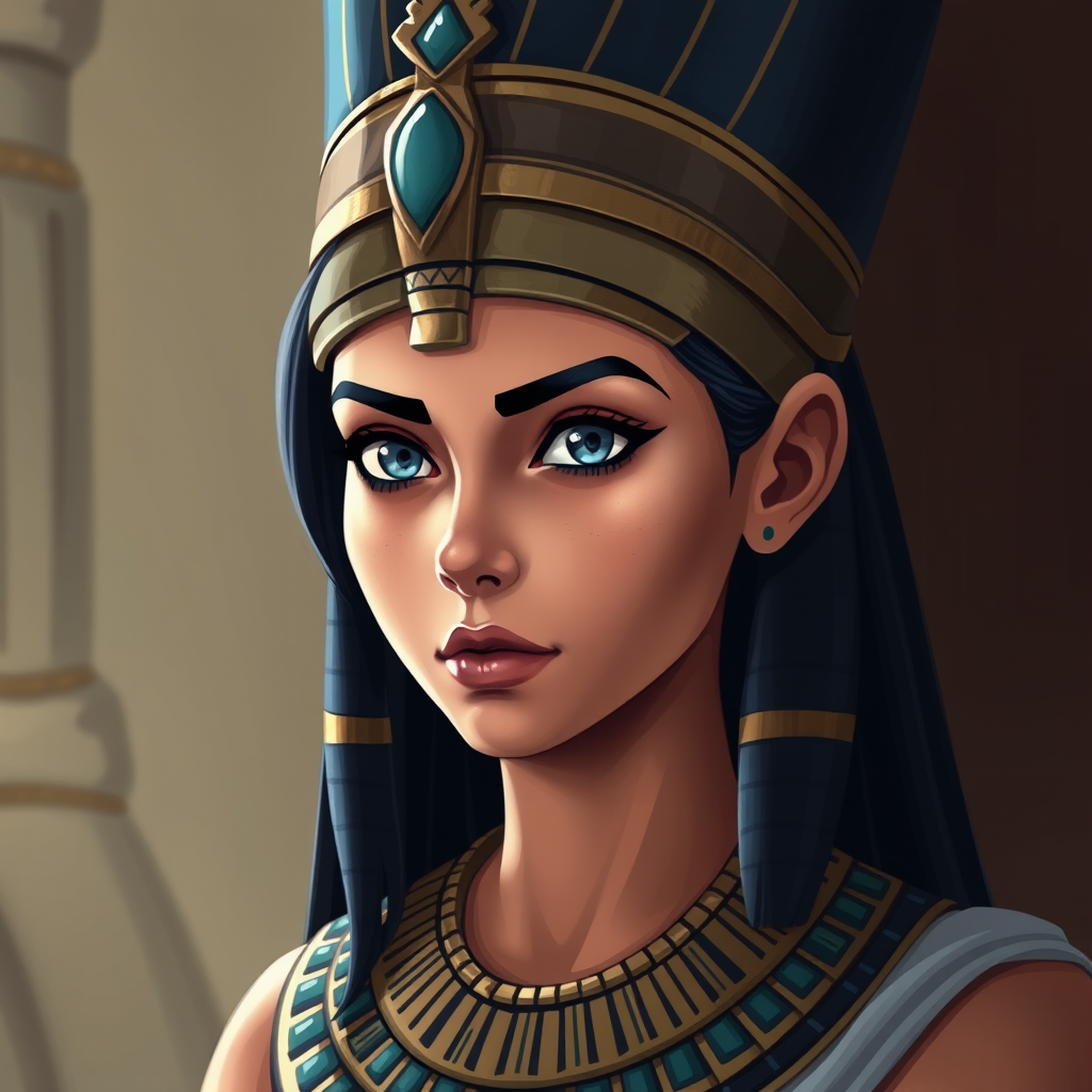 Regenerate an illustration of an ancient Egyptian queen with a headdress, blue eyes, and a detailed collar, shot in high resolution with a DSLR camera at f/1.8, 50mm lens, soft natural lighting, and a slightly blurred background to enhance focus on the subject.