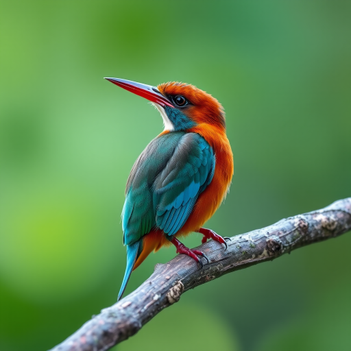 A vibrant kingfisher perched on a branch with a blurred green background, captured with a Canon EOS R5, 85mm lens, aperture f/2.8, ISO 200, shutter speed 1/250s, in soft focus style for enhanced detail and clarity.