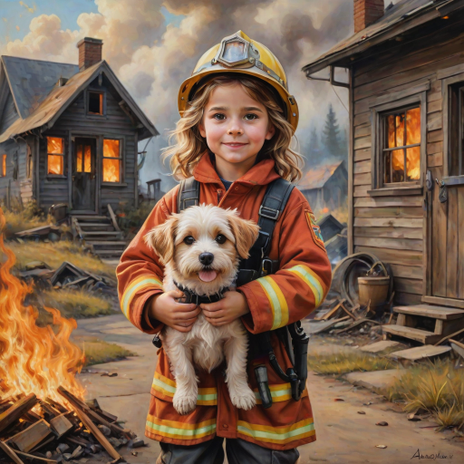 airbrushed oil painting, pixar style, cute little girl in fireman gear, helmet, tousled hair, expressive eyes, standing in the doorstep of a cottage burning behind him, holding a cute little dog in her arm, atumn sky