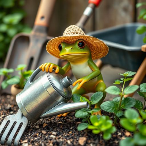 Create a whimsical scene featuring a frog in a straw hat watering plants with a metallic watering can, surrounded by gardening tools like a wheelbarrow, rake, and spade, captured with a DSLR camera, 50mm lens, f/2.8 aperture, 1/200 sec shutter speed, and natural daylight for enhanced color vibrancy and depth of field.