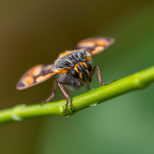 Capture a close-up of a colorful moth on a green stem with a blurred background using a macro lens at f/2.8, ISO 100, 1/200 sec, natural light, DSLR camera, focusing on the moth's intricate patterns and textures.