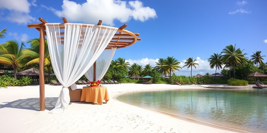 Create a picturesque tropical beach scene featuring a serene, white sandy shore. In the foreground, there's a rustic wooden canopy with white drapes gently flowing in the breeze. Underneath the canopy, a table is set with tropical decor, evoking a sense of relaxation and leisure. The beach extends into a calm, shallow water area with reflections of the sky and surroundings. Palm trees and lush greenery line the edge of the beach, providing a natural, tropical backdrop. The sky is clear with a few scattered clouds, and the overall atmosphere is tranquil and inviting, perfect for a peaceful retreat.
