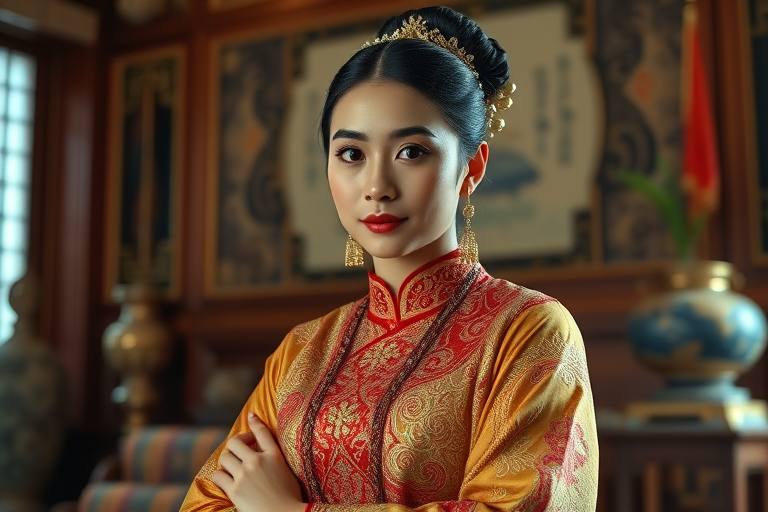 A beautiful Indonesian woman in traditional East Asian attire, intricately detailed with embroidered patterns, sitting gracefully in a richly decorated room, soft ambient lighting, serene and elegant, ultra-realistic, 8K resolution