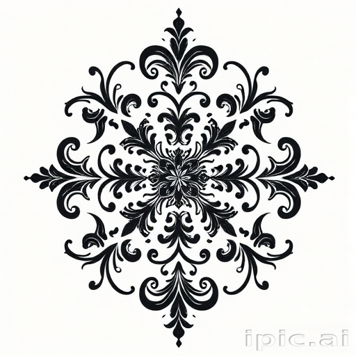 Ornamental blackwork tattoo called "Baroque Elegance" featuring intricate filigree patterns, symmetrical designs, and elaborate scrollwork inspired by historical architectural elements