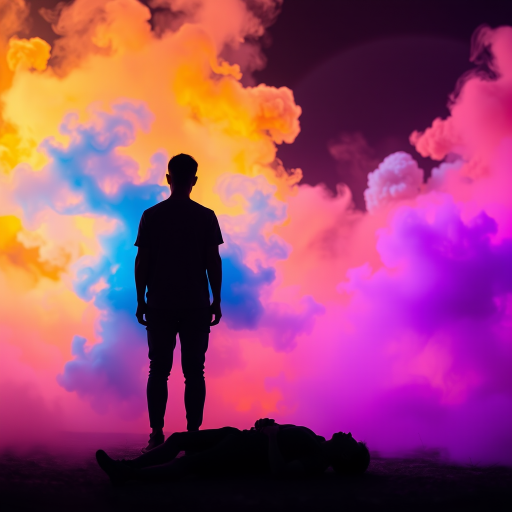 Create a high-resolution image of a surreal scene featuring a standing figure silhouetted against a colorful smoke background with hues of orange, blue, and purple, while a second figure lies on the ground, shot with a Canon EOS R5 at f/1.8, ISO 100, 50mm lens, using a soft focus and dramatic lighting to enhance the ethereal atmosphere.