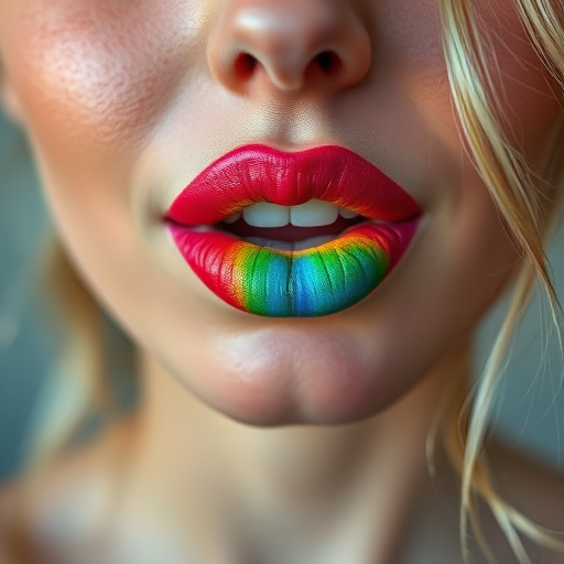 Whimsical woman lips painted with rainbow gradient, full face capture embodying creativity and free-spirited nature