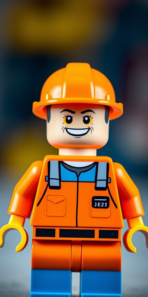 Create a vibrant image of a cheerful LEGO construction worker figure wearing an orange hard hat and overalls, captured with a DSLR camera at f/2.8 aperture, 1/200 sec shutter speed, ISO 100, using a macro lens for detailed close-up, with a soft-focus background for depth.