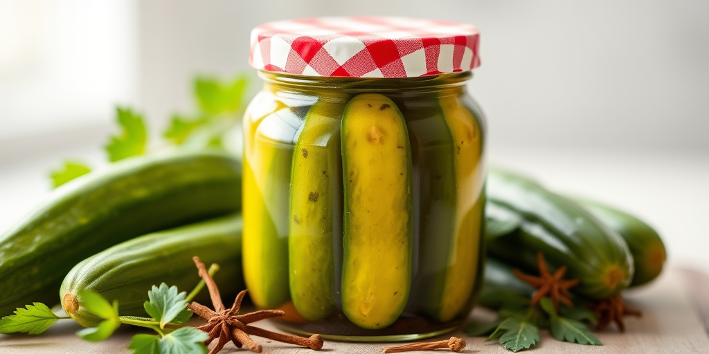 photograph a jar of pickled cucumbers with a checkered lid, surrounded by fresh cucumbers and spices, natural light, shallow depth of field, focus on the jar, 50mm lens, ISO 100, f/2.8, aperture priority mode, soft background blur