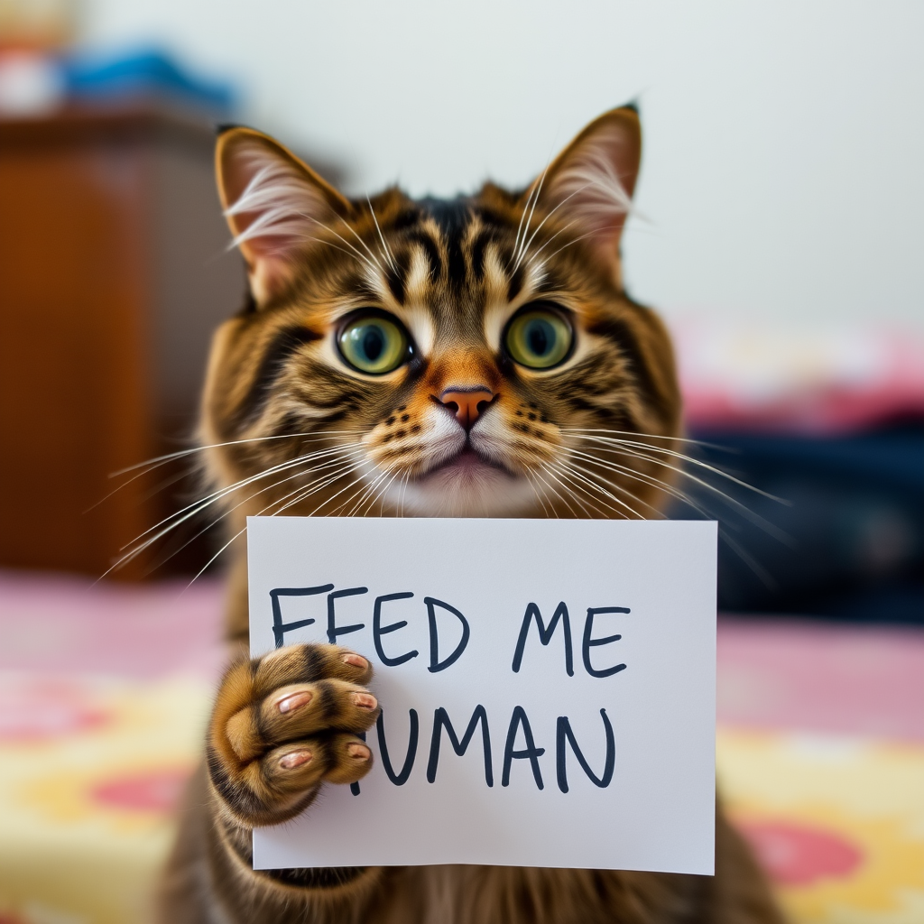 cat holding a note which says "FEED ME HUMAN"