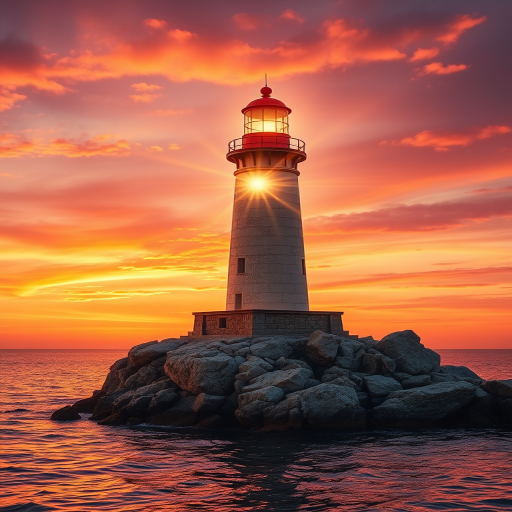 Generate an image of a tall lighthouse perched on a rocky outcrop surrounded by calm ocean waters during a breathtaking sunset. The lighthouse stands sturdy and weathered, its stone surface illuminated by the warm golden light of the setting sun. The sun's rays pass directly through the glass lantern room at the top of the lighthouse, casting a brilliant light across the scene. The sky is painted with vibrant shades of orange, pink, and purple, reflecting off the tranquil sea. The surrounding water shimmers with the same warm hues, creating a serene and majestic atmosphere.