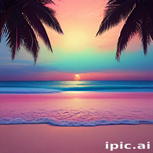 Tranquil Sunset Over a Serene Beach Surrounded by Lush Palm Trees