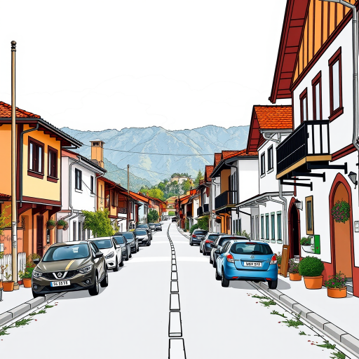 Create a detailed line drawing of a picturesque village street with traditional houses, cars, and a scenic backdrop of mountains, shot with a Canon EOS 5D Mark IV, 50mm lens, f/8 aperture, 1/125s shutter speed, and a wide-angle view to capture the entire street in a clear and vibrant style.