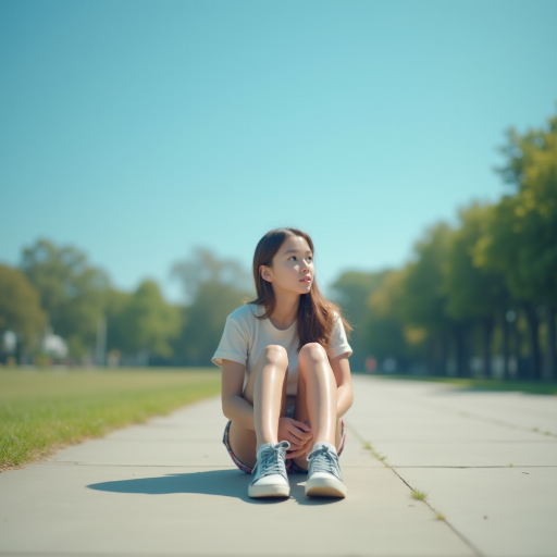 Generate an ultra-realistic, highly detailed, high-definition photograph. It's a photo of a girl sitting on the floor. She's looking at the horizon. The photo is taken from the bottom up, at ground level. The girl's sneakers are in the foreground, in the center of the scene. The girl is wearing light clothes, a t-shirt and short shorts. The sky is blue. Bright environment. The background is a blurred image of a park.
