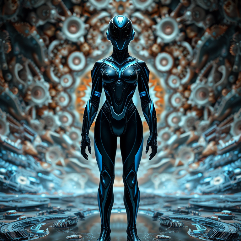 Create a futuristic character in a sleek black and blue bodysuit with glowing elements, standing confidently in a surreal, fractal-patterned background with intricate details, using a DSLR camera set to f/2.8, ISO 100, 50mm lens, with soft focus for depth and a wide-angle view to capture the full scene.