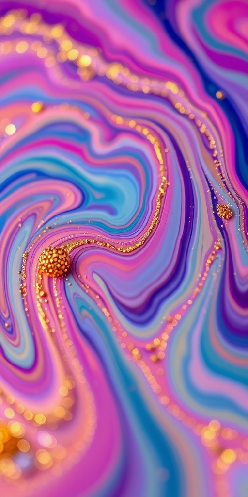 create an abstract image of swirling colors with gold accents, using a Canon EOS R5 with a 50mm f/1.2 lens, aperture at f/8, ISO 100, and a shallow depth of field, focusing on vibrant fluid patterns and textures in a macro style