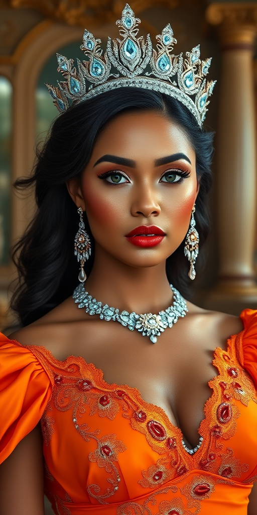 A gorgeous Tongan woman in a luxurious orange gown, accessorized with a dazzling tiara and statement earrings, her deep cyan eyes highlighted by impeccable makeup, poised in a royal setting, photorealistic, 8K quality