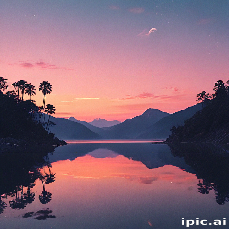 Tranquil Sunset Reflections Over a Serene Lake Surrounded by Mountains