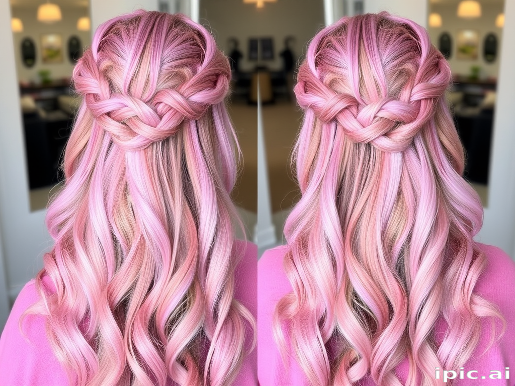 Whimsical hair style presenting pastel pink and lavender balayage highlights on long wavy tresses styled in a romantic half-up crown braid
