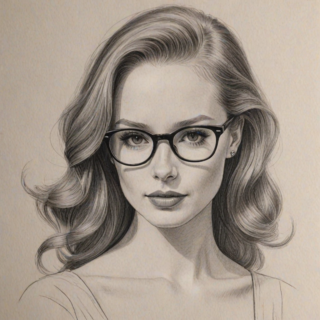 Enticing Madelaine Petsch, pencil sketch, portrait of Alluring woman 1955s in glasses, hair style beatnik, outline, clear lines, fine lines, 8k